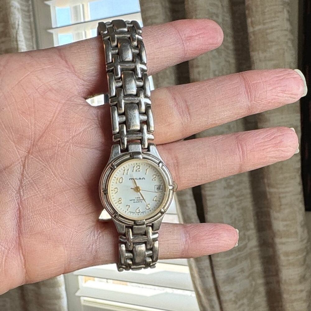 Vintage Milan Quartz Watch water resistant hour and day silver band gold numbers